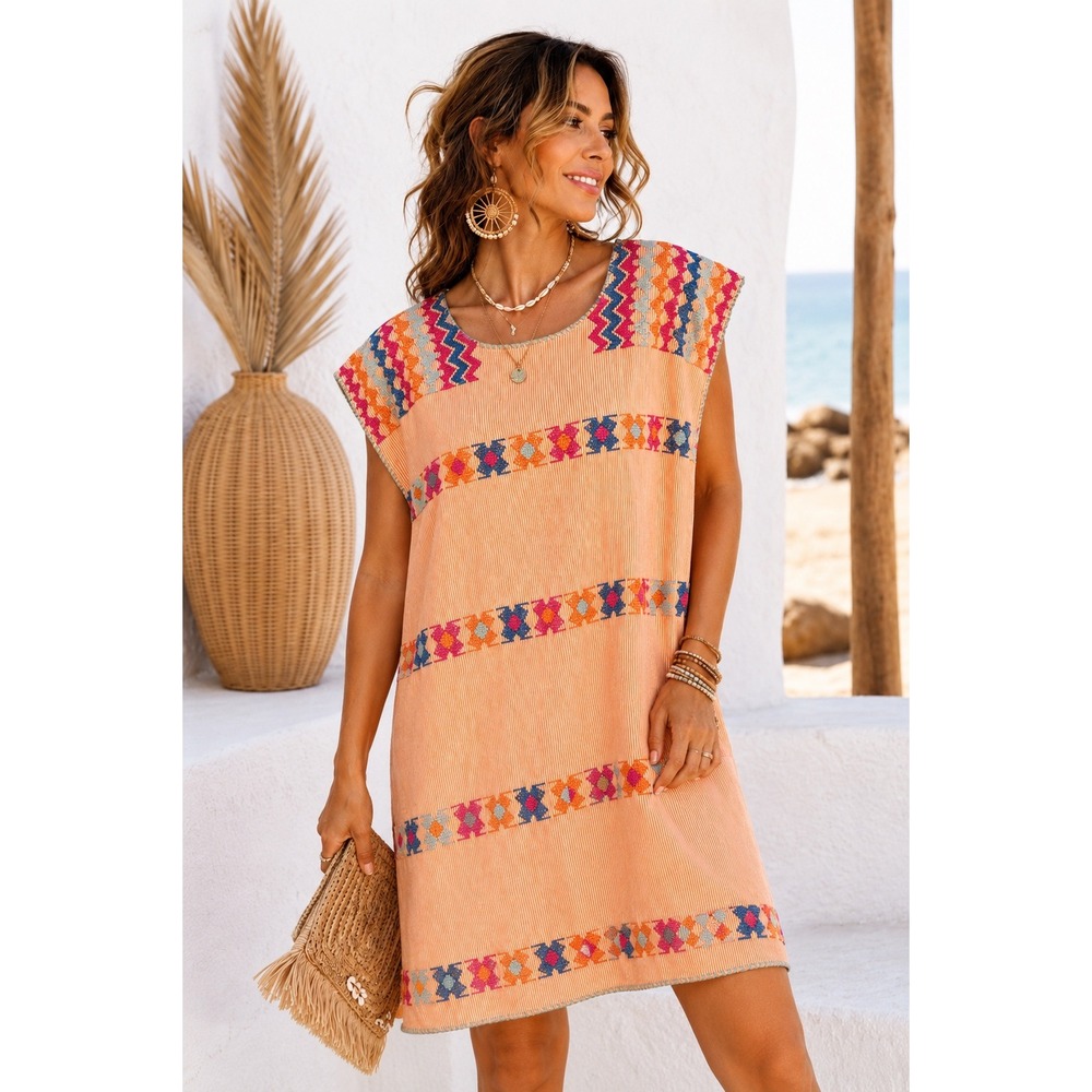 J. Marie Shift Dress Small Orange Striped‎ Embroidered Boho Mini